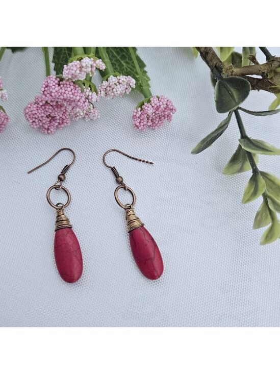 Jewelry - Red Turquoise Stone Dangle Earrings Rustic Copper